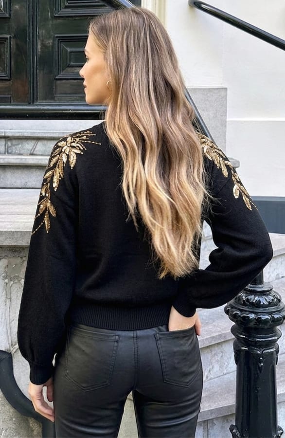 Sequin Shoulder Wool Sweater Black Gold – truien, foto 4