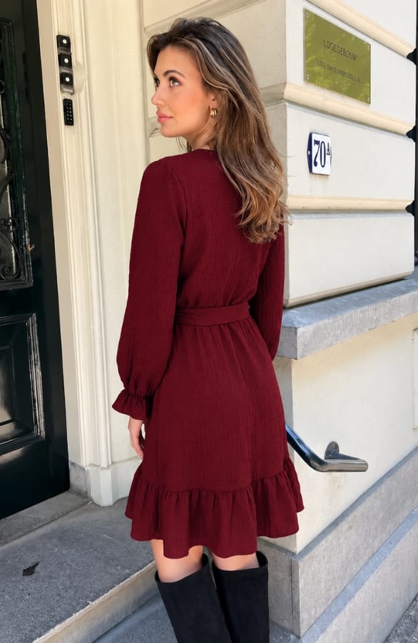 Smocked Jurk V-Hals Burgundy – jurken, foto 5
