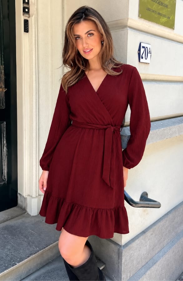 Smocked Jurk V-Hals Burgundy – jurken, foto 4
