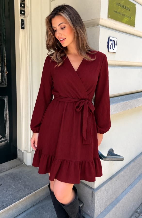 Smocked Jurk V-Hals Burgundy – jurken, foto 3