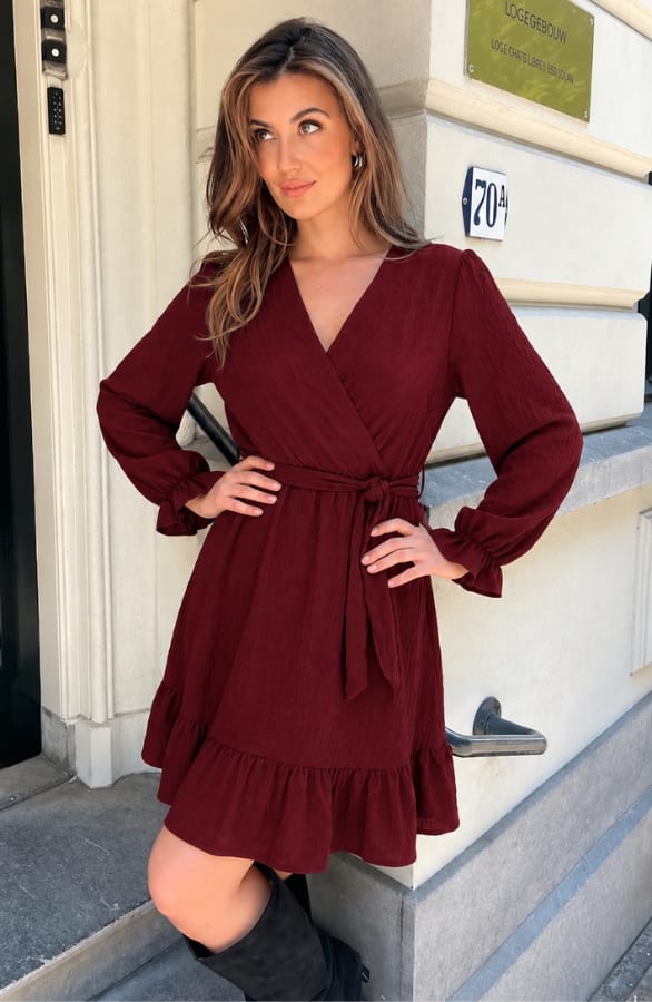 Smocked Jurk V-Hals Burgundy – jurken, foto 2