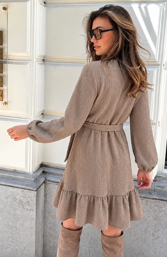 Smocked Jurk V-Hals Taupe – jurken, foto 5