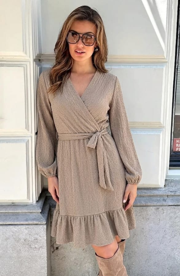 Smocked Jurk V-Hals Taupe