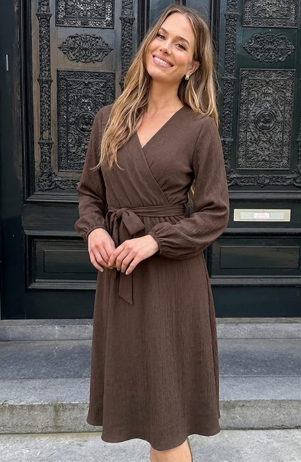 Smocked Maxi Jurk V-hals Choco – jurken, foto 3