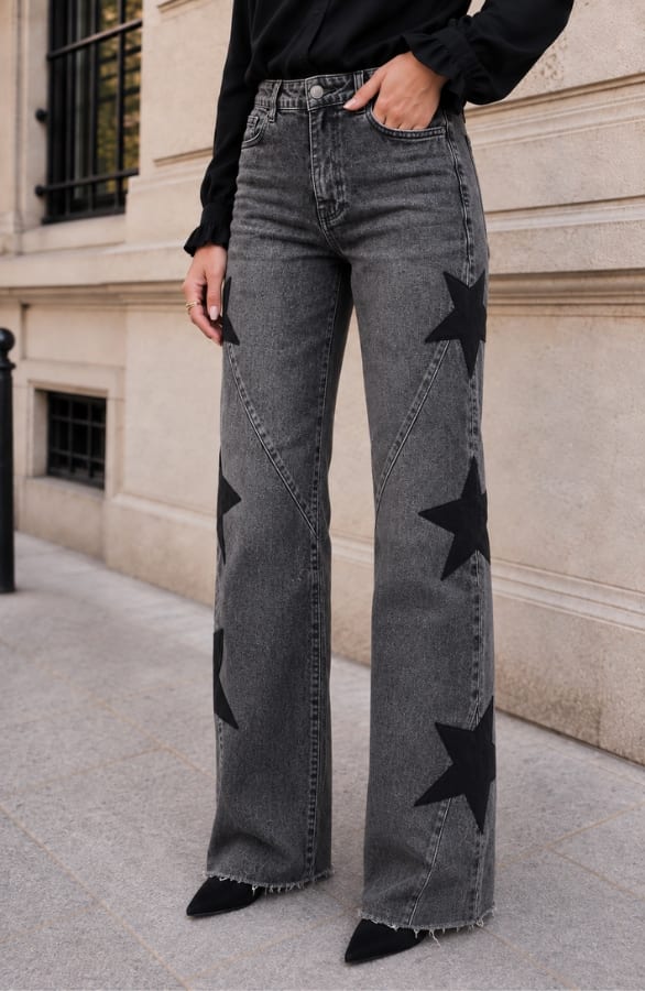 Wide Leg Jeans Star Washed Grey Stretch FMH – flared broeken, foto 1