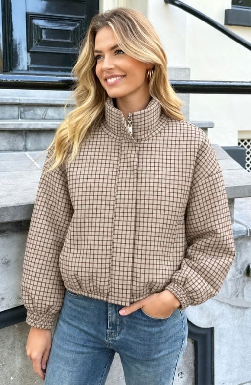 Check Zip Up Bomber Jacket Beige