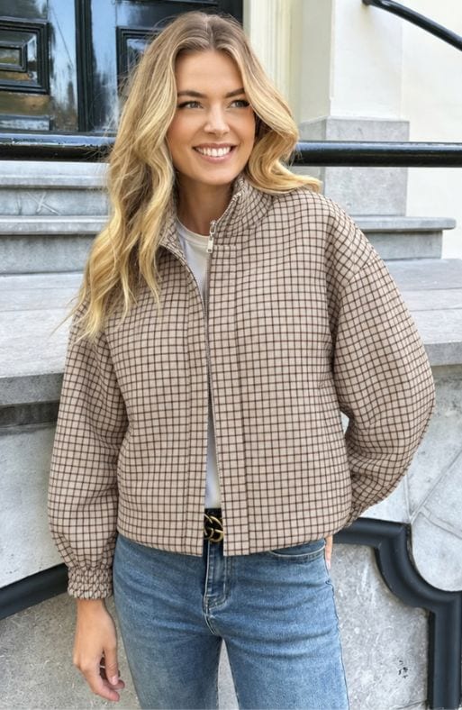Check Zip Up Bomber Jacket Beige – jassen, foto 2