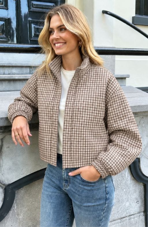 Check Zip Up Bomber Jacket Beige – jassen, foto 4