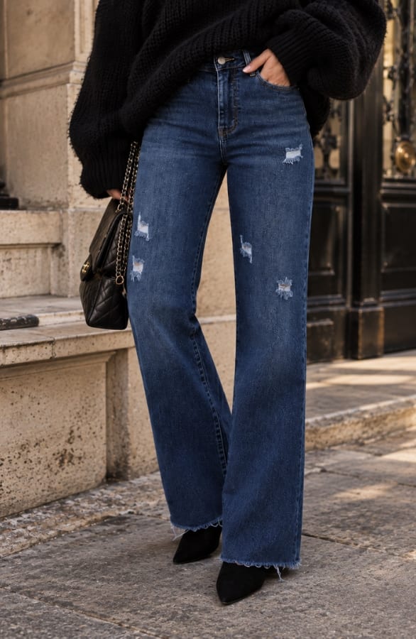 Damaged Wide Leg Jeans Dark Blue Stretch FMH