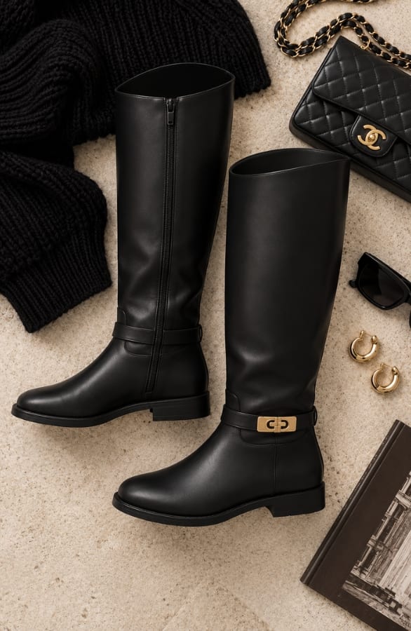 Elegant Riding Boots With Golden Buckle Zwart – alle schoenen, foto 2