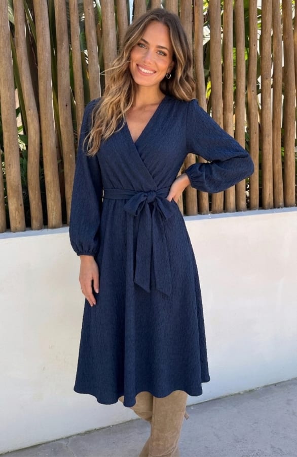 Smocked Maxi Jurk V-hals Navy – jurken, foto 4