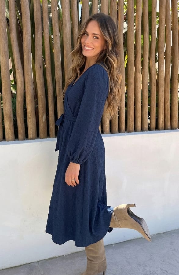 Smocked Maxi Jurk V-hals Navy – jurken, foto 3