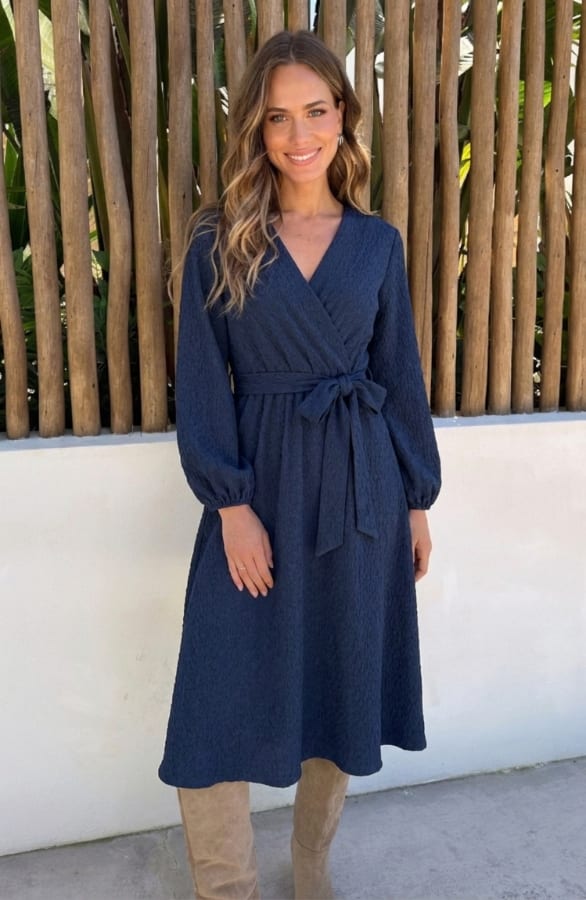 Smocked Maxi Jurk V-hals Navy – jurken, foto 2