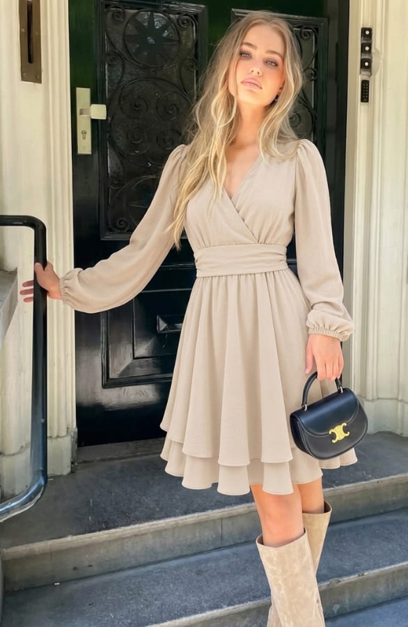 V-Ausschnitt Schleife Kleid Liv Beige