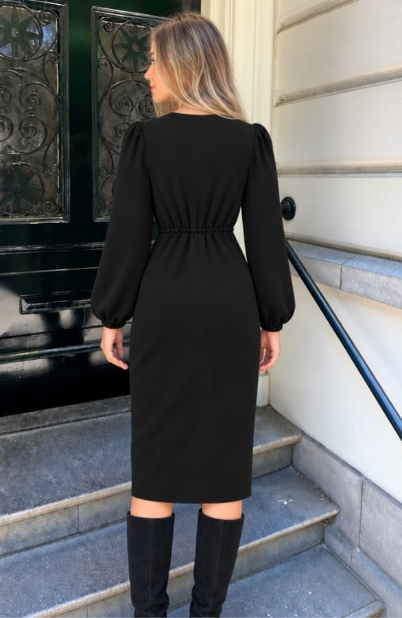 Elegant Button Wrap Dress Black – jurken, foto 4