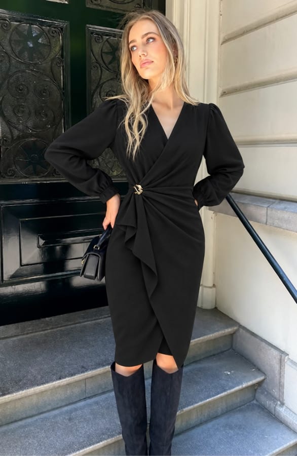Elegant Button Wrap Dress Black – jurken, foto 2