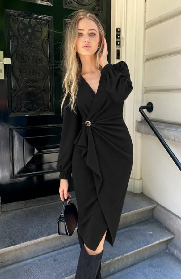 Elegant Button Wrap Dress Black – jurken, foto 3