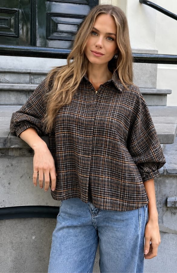Oversized Batwing Blouse Flanel Check – blouses, foto 2