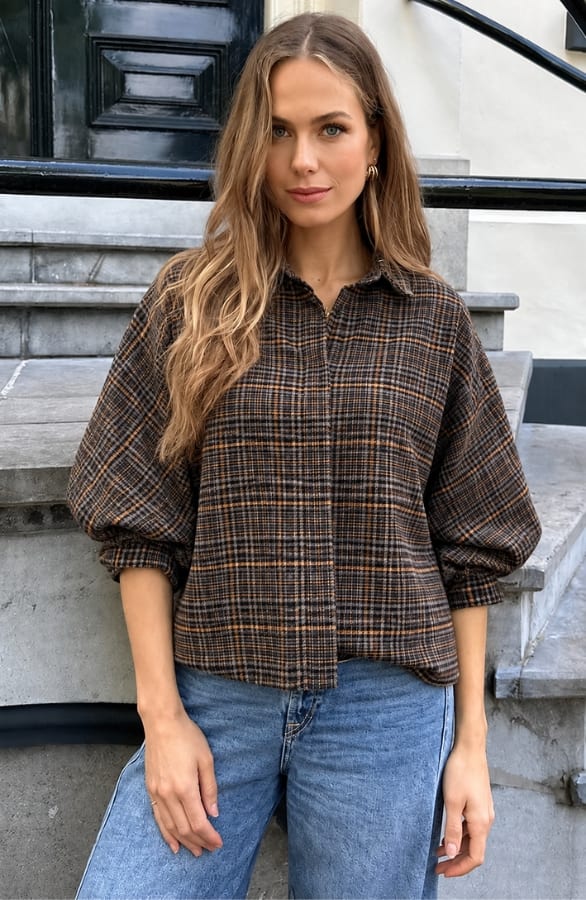 Oversized Batwing Blouse Flanel Check – blouses, foto 3