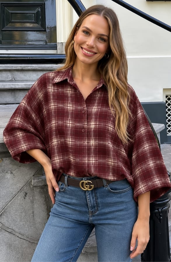 Oversized Batwing Blouse Flanel Check Burgundy