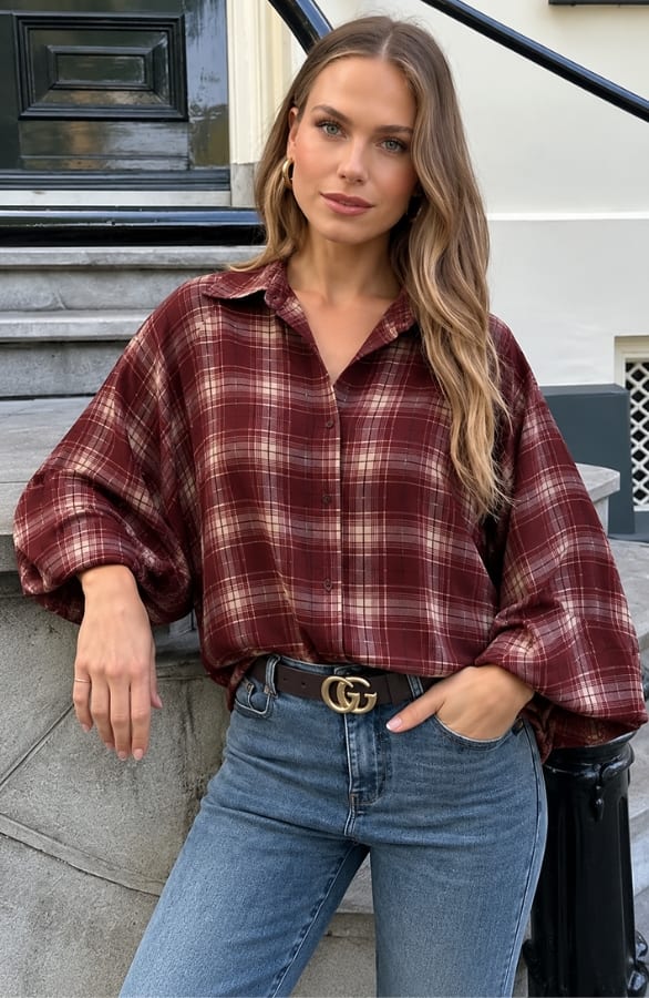 Oversized Batwing Blouse Flanel Check Burgundy – blouses, foto 2