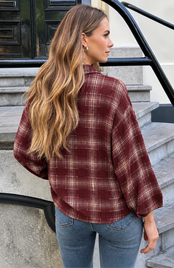 Oversized Batwing Blouse Flanel Check Burgundy – blouses, foto 3