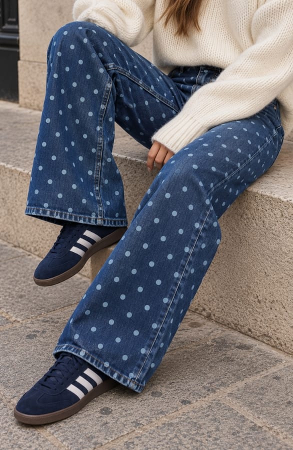 Polka Dot Wide Leg Jeans Dunkelblau, Foto 2