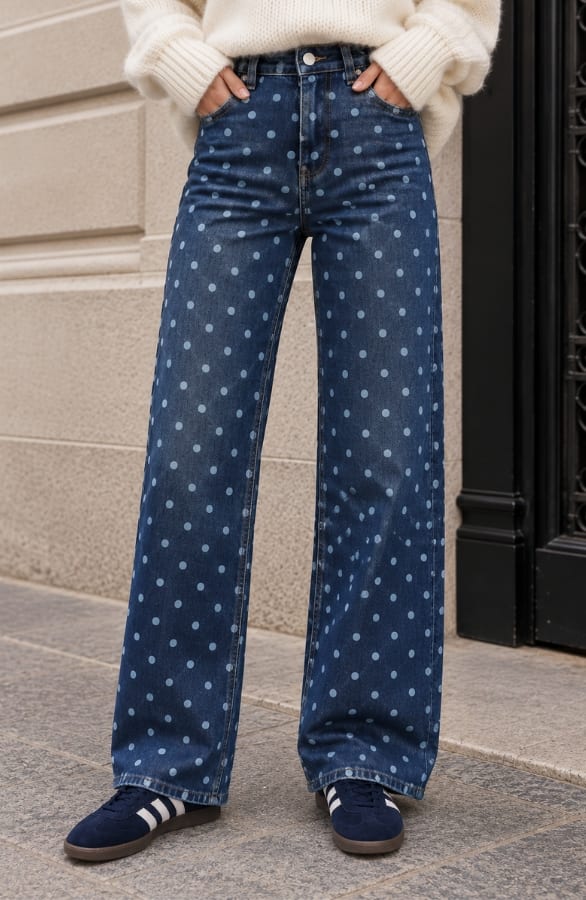 Polka Dot Wide Leg Jeans Dunkelblau