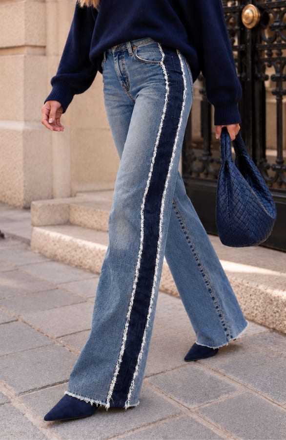 Wide Leg Jeans Bies Detail Mid Blue Stretch FMH