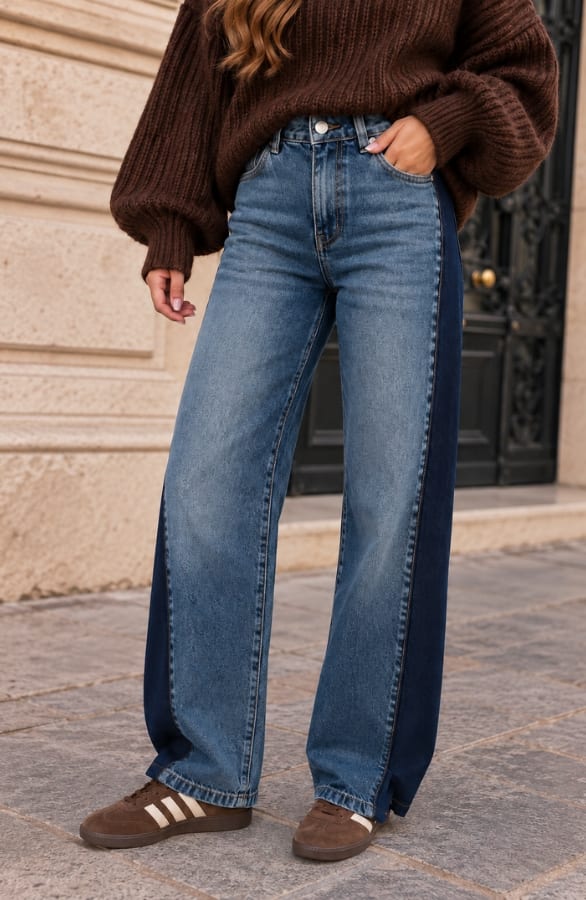 Wide Leg Jeans Dark Blue with Contrast Panel – spijkerbroeken, foto 2