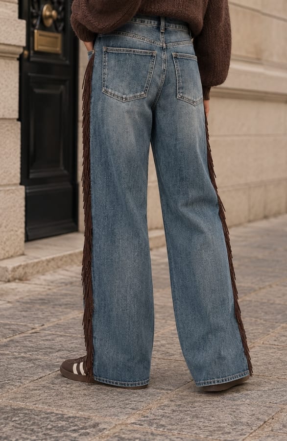 Wide Leg Jeans With Brown Fringes – spijkerbroeken, foto 3