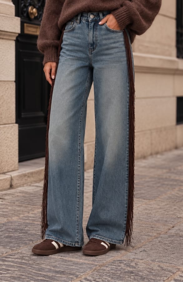 Wide Leg Jeans With Brown Fringes