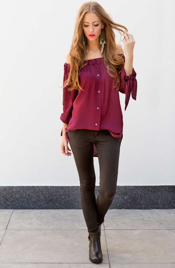Silk Strapless Blouse Bordeaux – shoparchief, foto 6