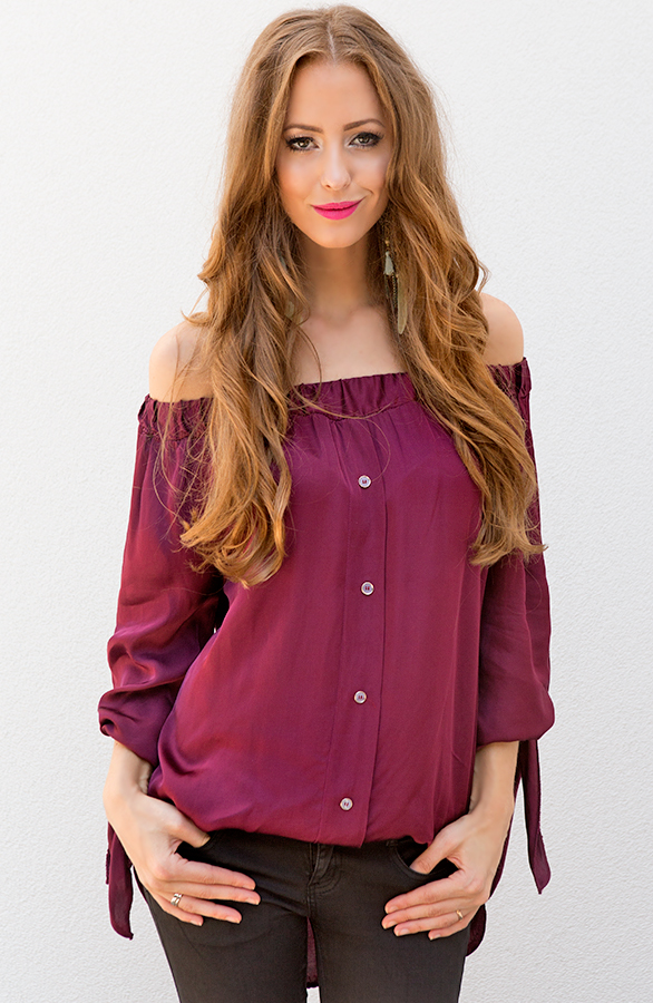 Silk Strapless Blouse Bordeaux – shoparchief, foto 3