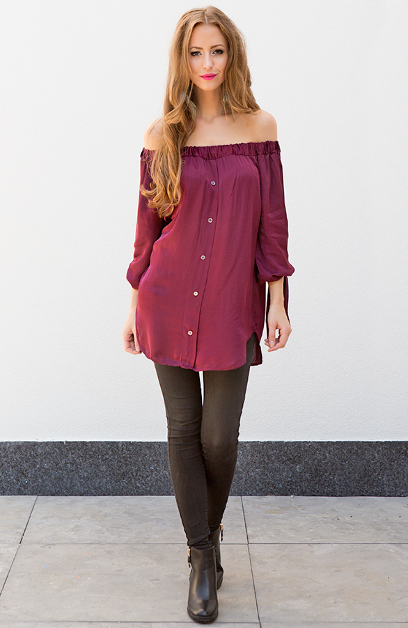 Silk Strapless Blouse Bordeaux – shoparchief, foto 2