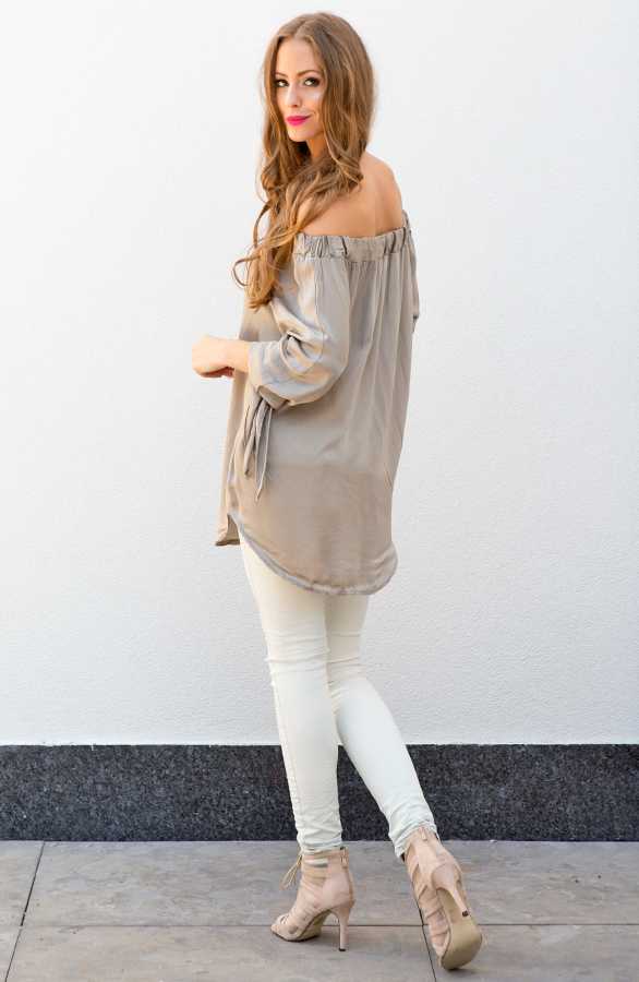 Silk Strapless Blouse Taupe – shoparchief, foto 3