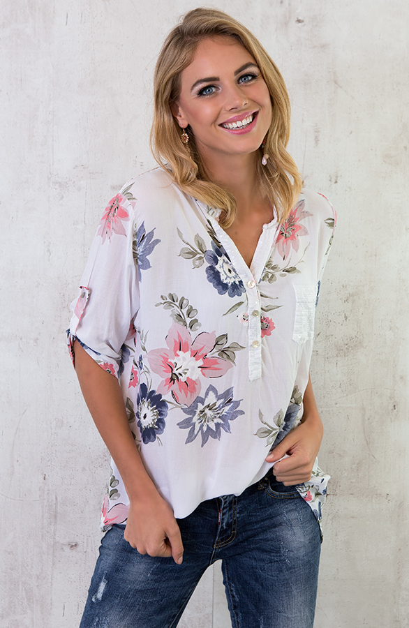 Bloemen Pailletten Blouse Wit – shoparchief