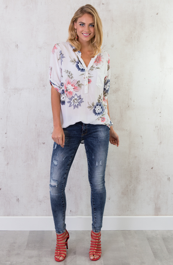 Bloemen Pailletten Blouse Wit – shoparchief, foto 2
