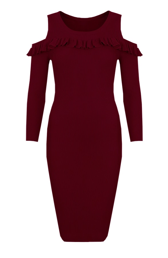 Ruffle Rib Jurk Bordeaux – shoparchief
