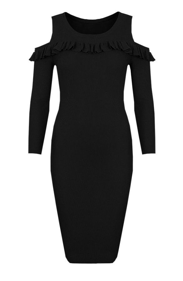 Ruffle Rib Jurk Zwart – shoparchief