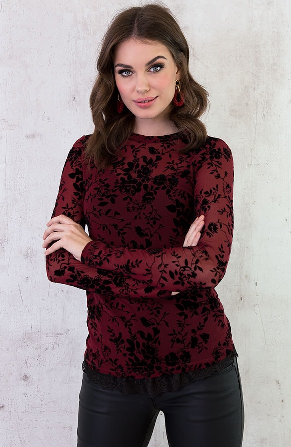 Velvet Bloemen Sleeve Bordeaux – shoparchief, foto 4