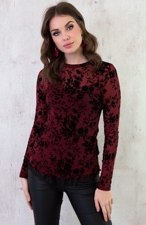 Velvet Bloemen Sleeve Bordeaux – shoparchief