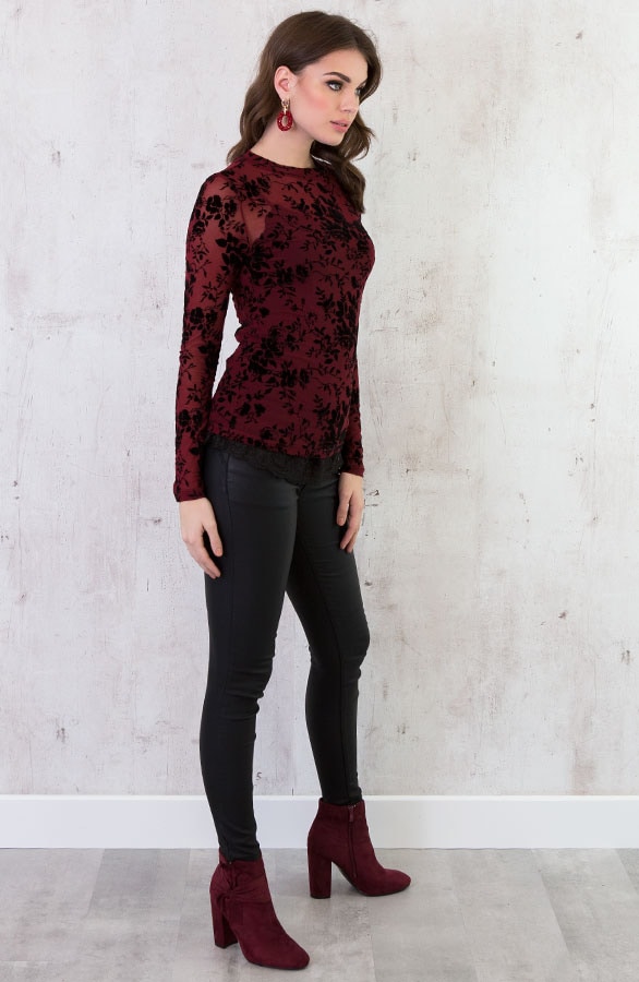 Velvet Bloemen Sleeve Bordeaux – shoparchief, foto 3