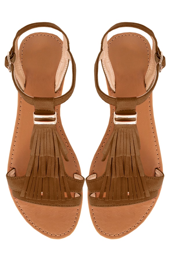 Suede Fringe Sandalen Cognac – shoparchief