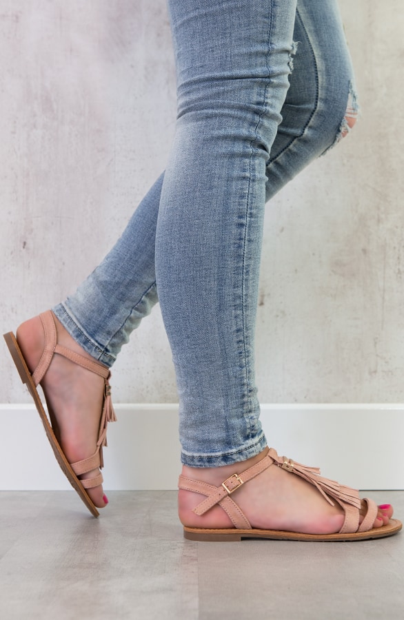 Suede Fringe Sandalen Roze – shoparchief, foto 3