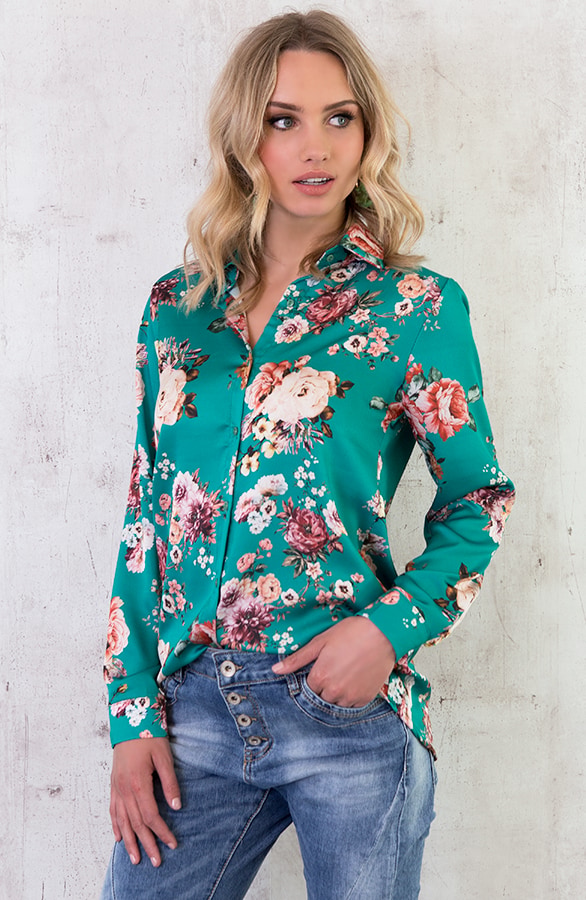 Bloemen Blouse Zijde Groen – shoparchief, foto 3