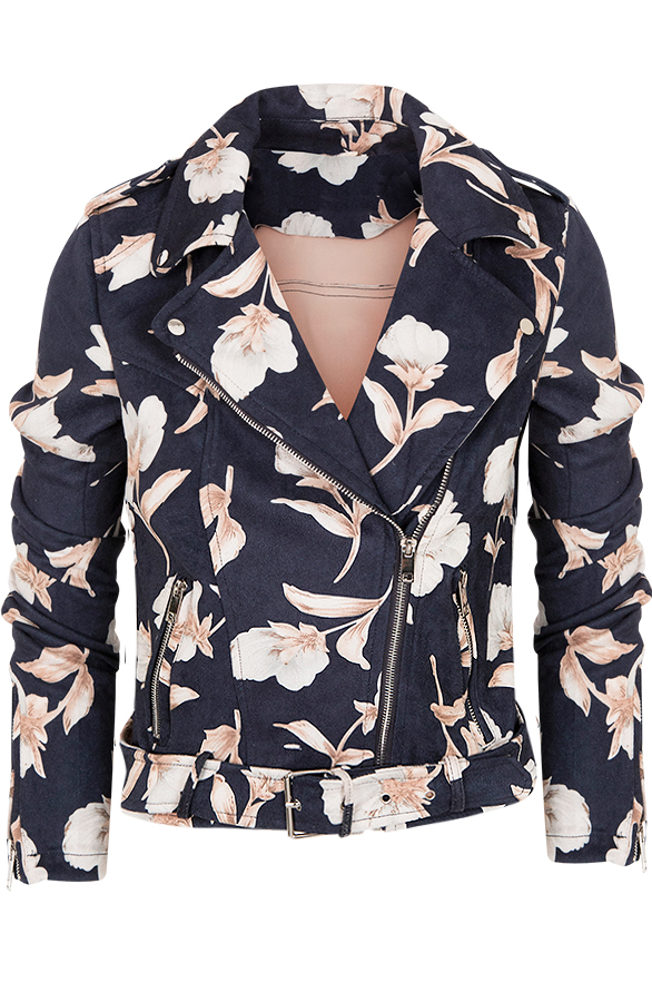 Suedine Biker Jacket Met Bloemen – shoparchief