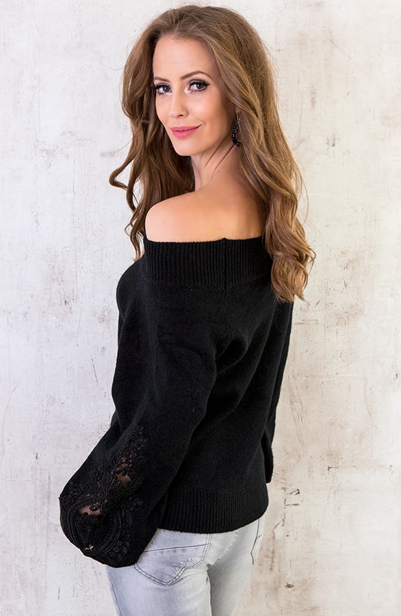 Kanten Off Shoulder Trui Zwart – shoparchief