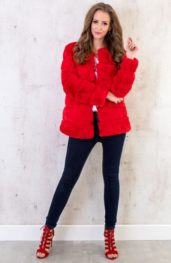 Fake Fur Jas Leer Rood – shoparchief, foto 6