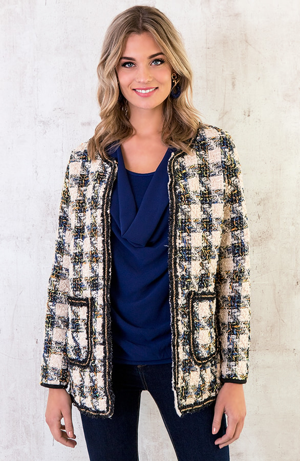Tweed Blazer Geblokt Beige – shoparchief
